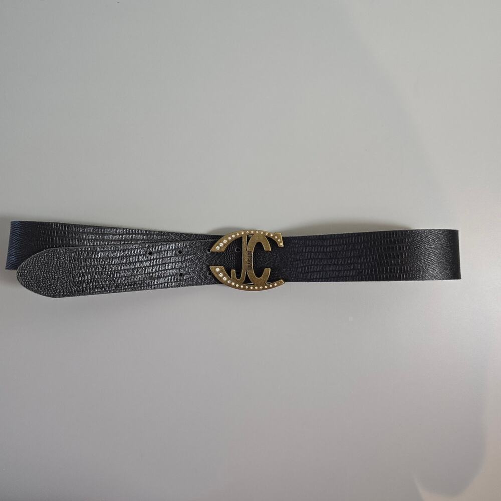 JUST CAVALI Black Leather Belt Rhinestone Trim 38.5" Long - Picture 5 of 6